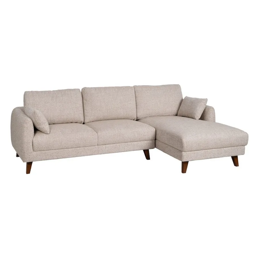 Chaise Longue Canapé Tissu-Bois Ixia 240 cm - beige clair, vue de face sur fond blanc