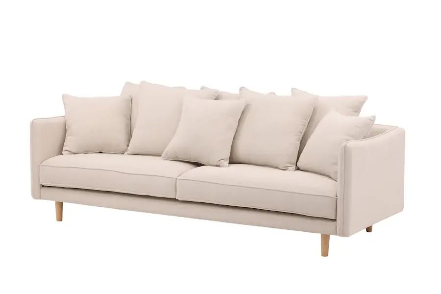 Canapé beige en tissu vu de trois quarts, assise large et coussins de dossier