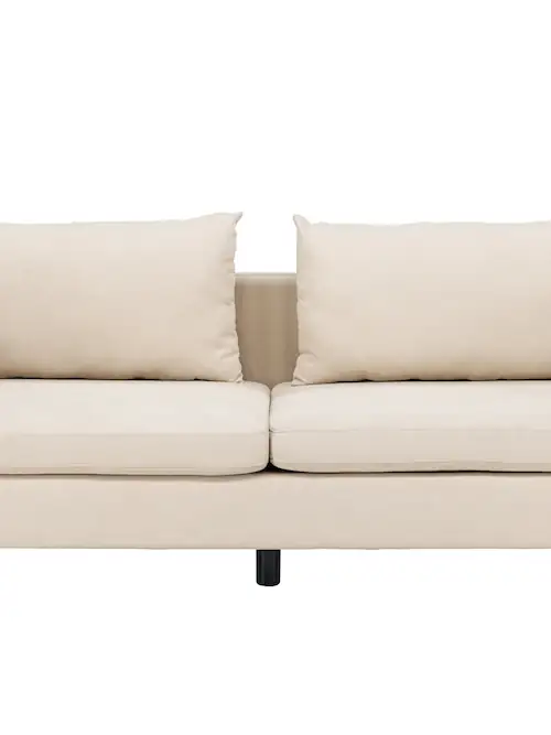 Canapé beige Zero de face, deux coussins de dossier et pieds en bois