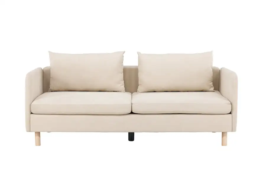 Canapé beige Zero de face, deux coussins de dossier et pieds en bois