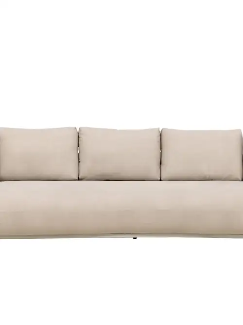 Canapé Stellar beige vu de face, cinq coussins de dossier et assise arrondie