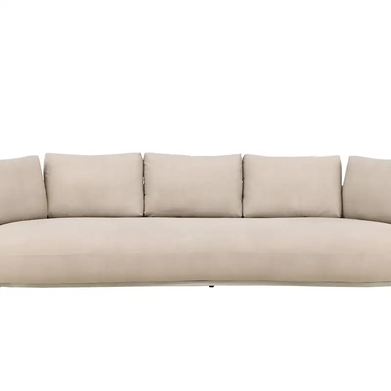 Canapé Stellar beige vu de face, cinq coussins de dossier et assise arrondie