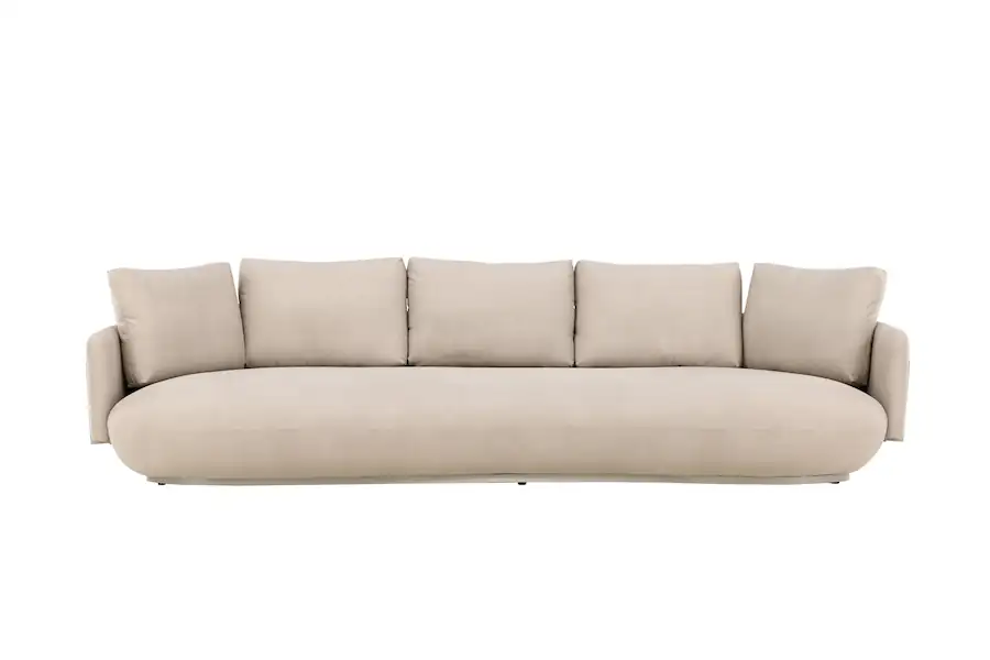 Canapé Stellar beige vu de face, cinq coussins de dossier et assise arrondie
