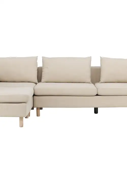 Canapé d'angle beige Zero de face, longue banquette et avancée à gauche