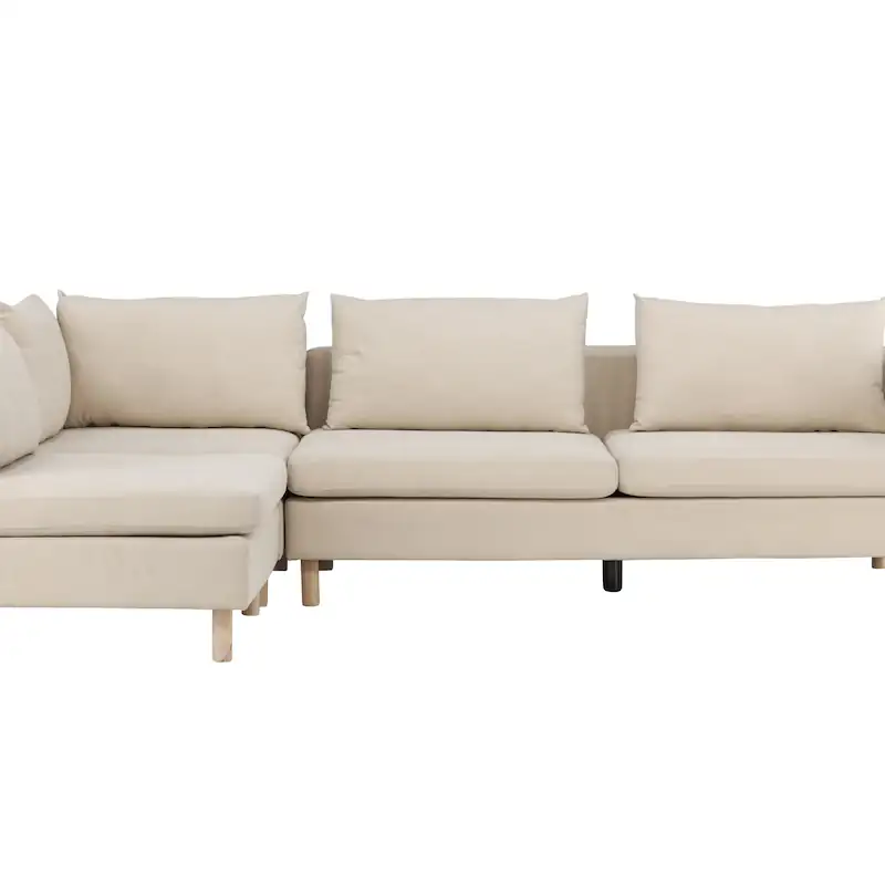 Canapé d'angle beige Zero de face, longue banquette et avancée à gauche