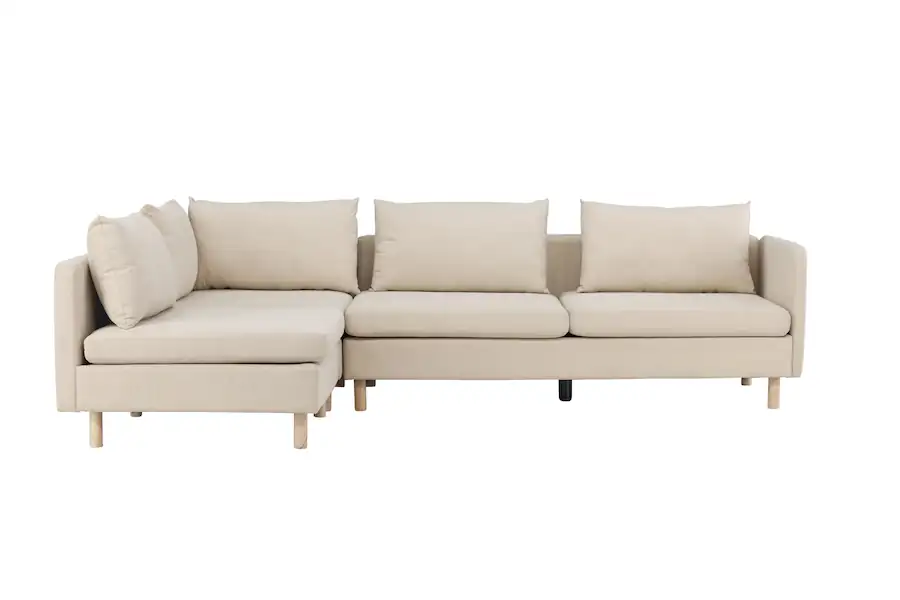 Canapé d'angle beige Zero de face, longue banquette et avancée à gauche