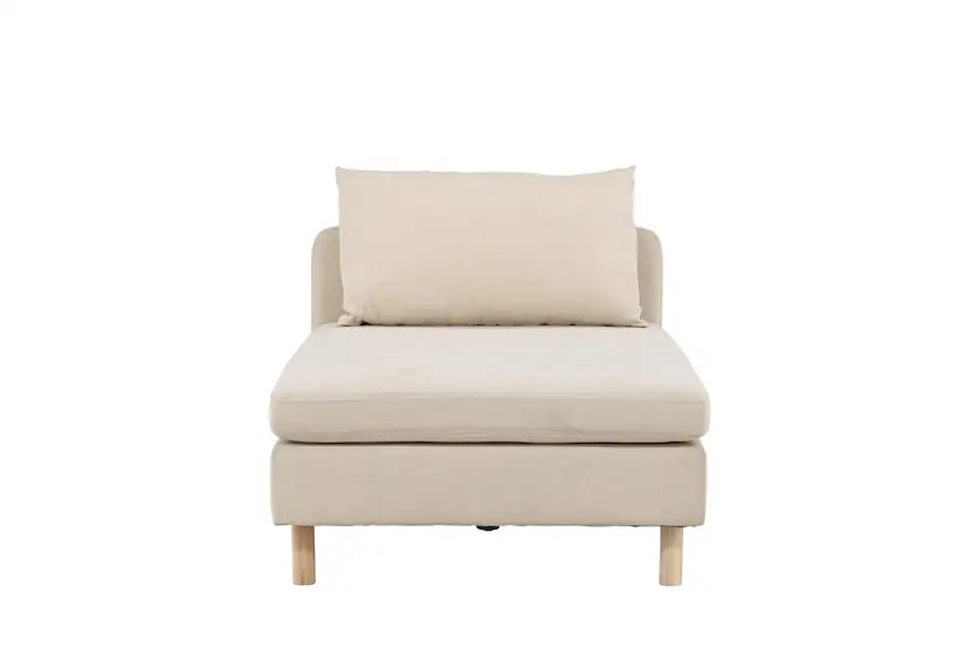 Module méridienne beige Zero de face, coussin de dossier et pieds en bois clair