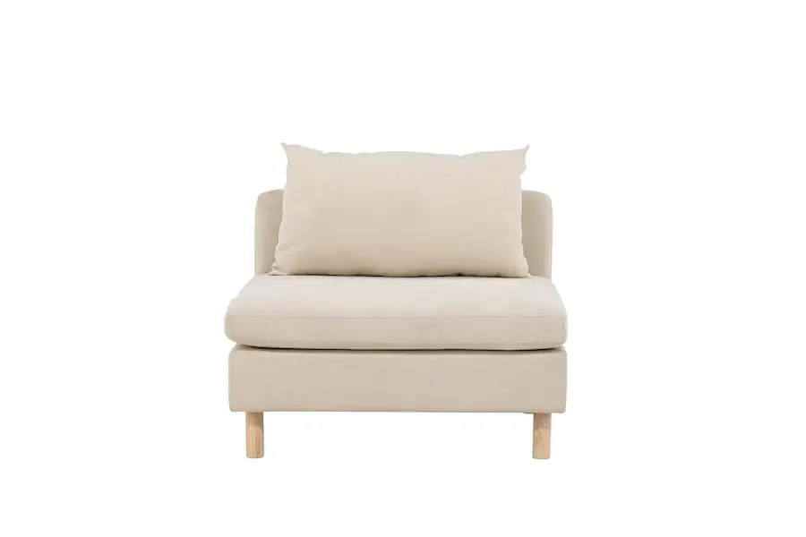Module de canapé beige Zero de face, grand coussin de dossier et pieds en bois clair