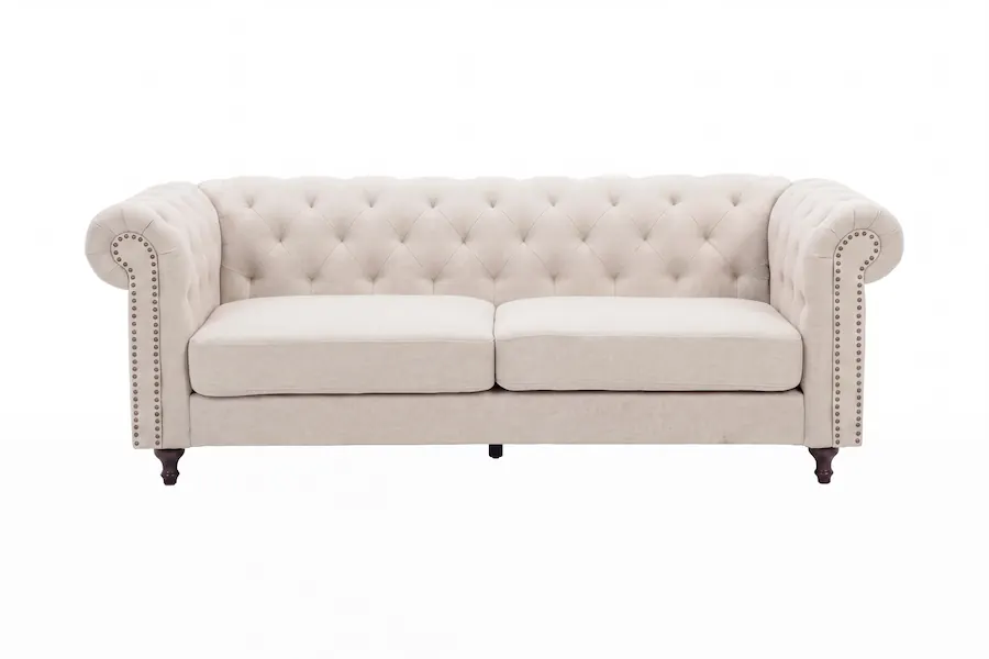 Canapé Chesterfield pieds noirs Velvet beige vu de face, dossier capitonné