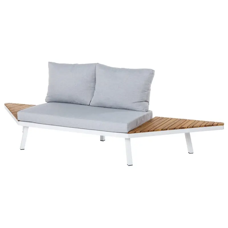 Canapé de jardin 2 places Saskia, châssis blanc, coussins gris clair et tablette en acacia de chaque côté