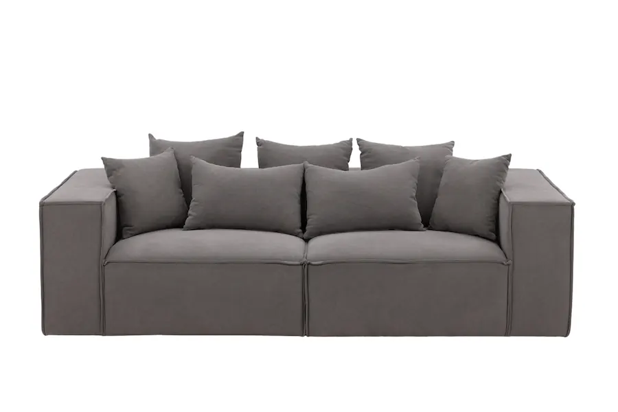 Canapé Gillholmen gris 3 places vu de face, dossier garni de coussins