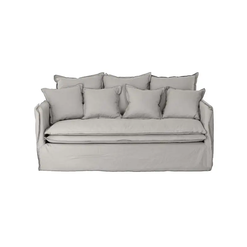 Canapé Cosy Athezza en lin gris clair de face, trois coussins de dossier et trois coussins décoratifs
