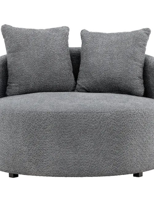 Canapé rond Kelso gris vu de face, assise ronde et deux coussins de dossier