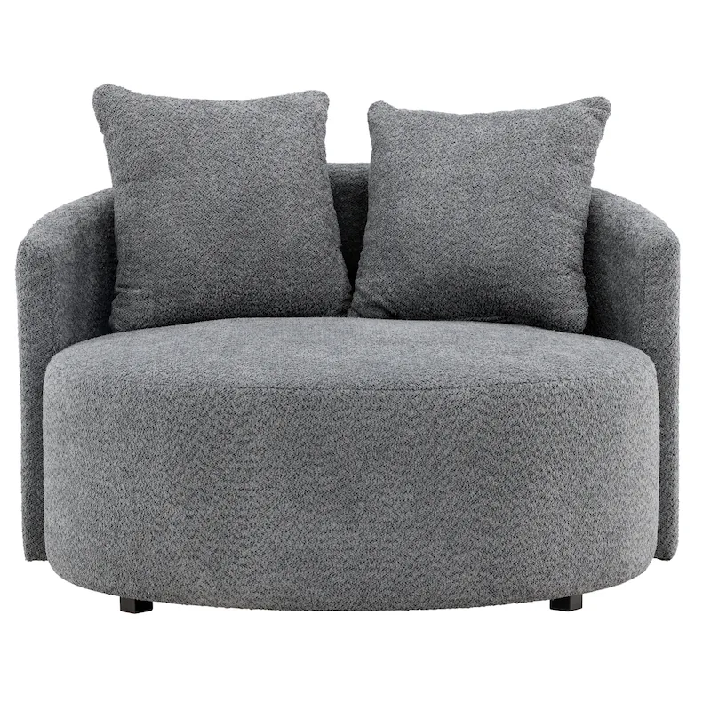 Canapé rond Kelso gris vu de face, assise ronde et deux coussins de dossier