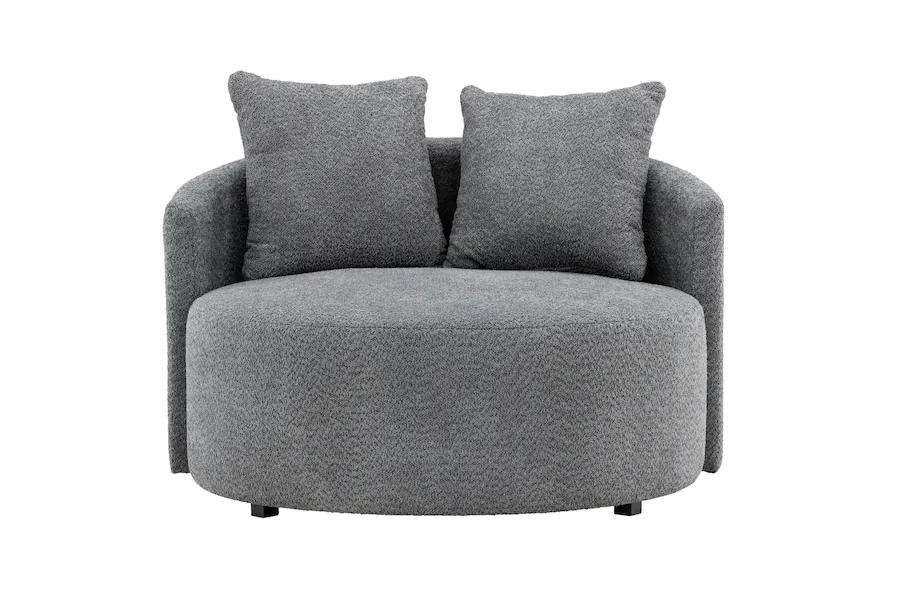 Canapé rond Kelso gris vu de face, assise ronde et deux coussins de dossier