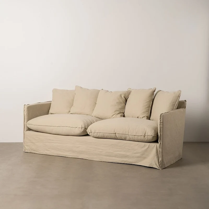 Canapé 3 Places Beige Tissu-Bois Ixia 216 cm