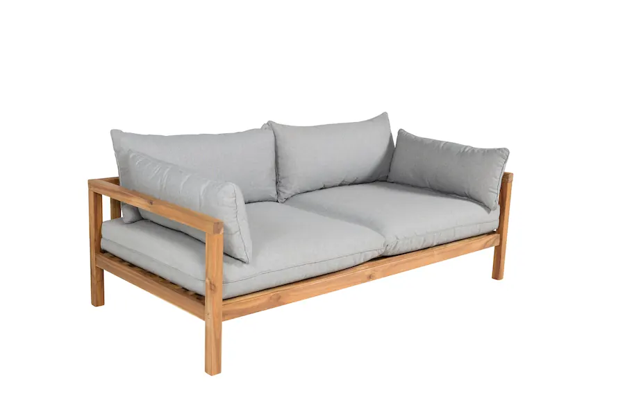 Canapé 2 places Marion de trois quarts : ossature en acacia et coussins gris