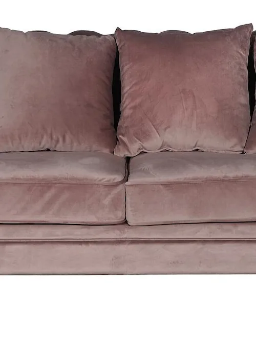 Canapé Chesterfield Velvet en velours rose poudré, vu de face avec ses coussins de dossier