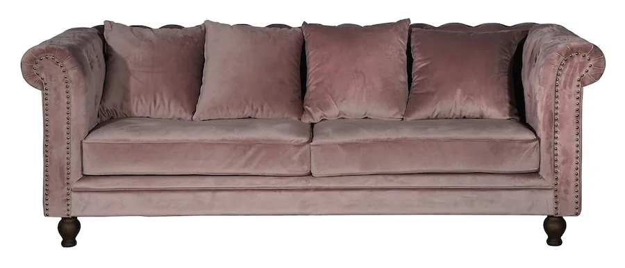 Canapé Chesterfield Velvet en velours rose poudré, vu de face avec ses coussins de dossier