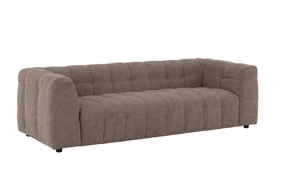 Canapé taupe en trois quarts avant, accoudoirs bas et assise matelassée