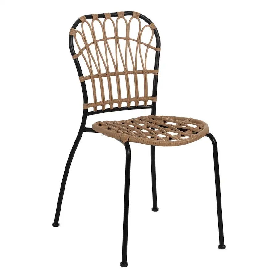 Chaise de jardin empilable Ixia 51 cm de trois quarts, dossier ajouré et pieds en acier noir