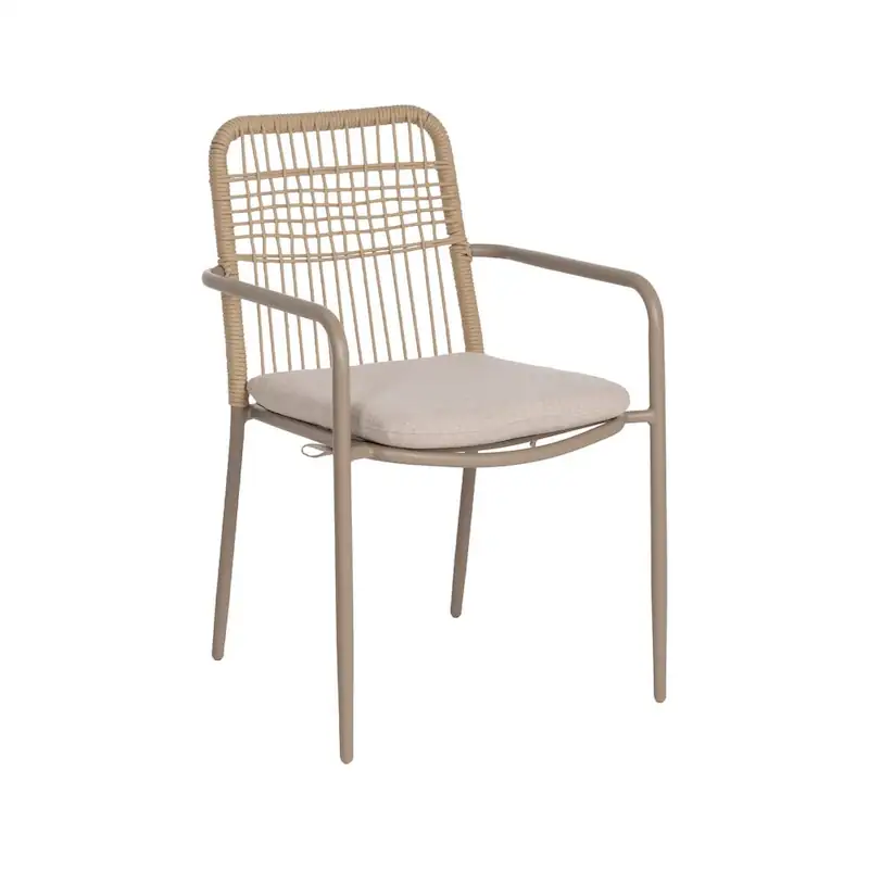 Chaise de jardin avec coussin Ixia vue de trois quarts, cadre en aluminium taupe et dossier ajouré en cordage