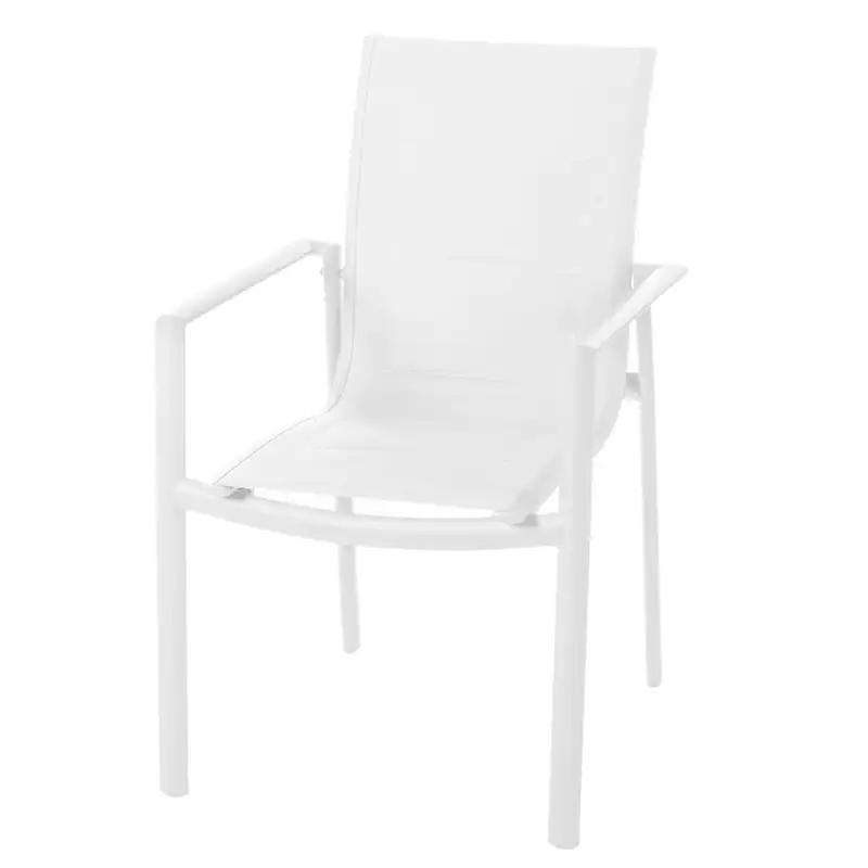 Chaise de jardin blanche empilable Stella, cadre en aluminium et assise en textilène, vue de trois quarts