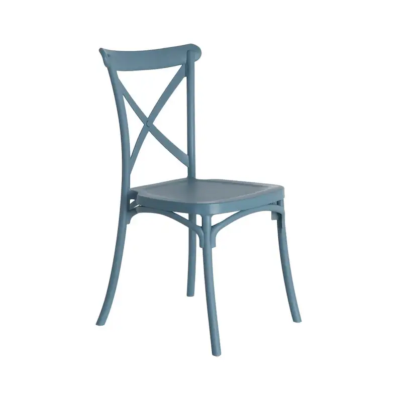 Chaise de jardin empilable bleu gris Ixia en trois quarts avant, sur fond blanc