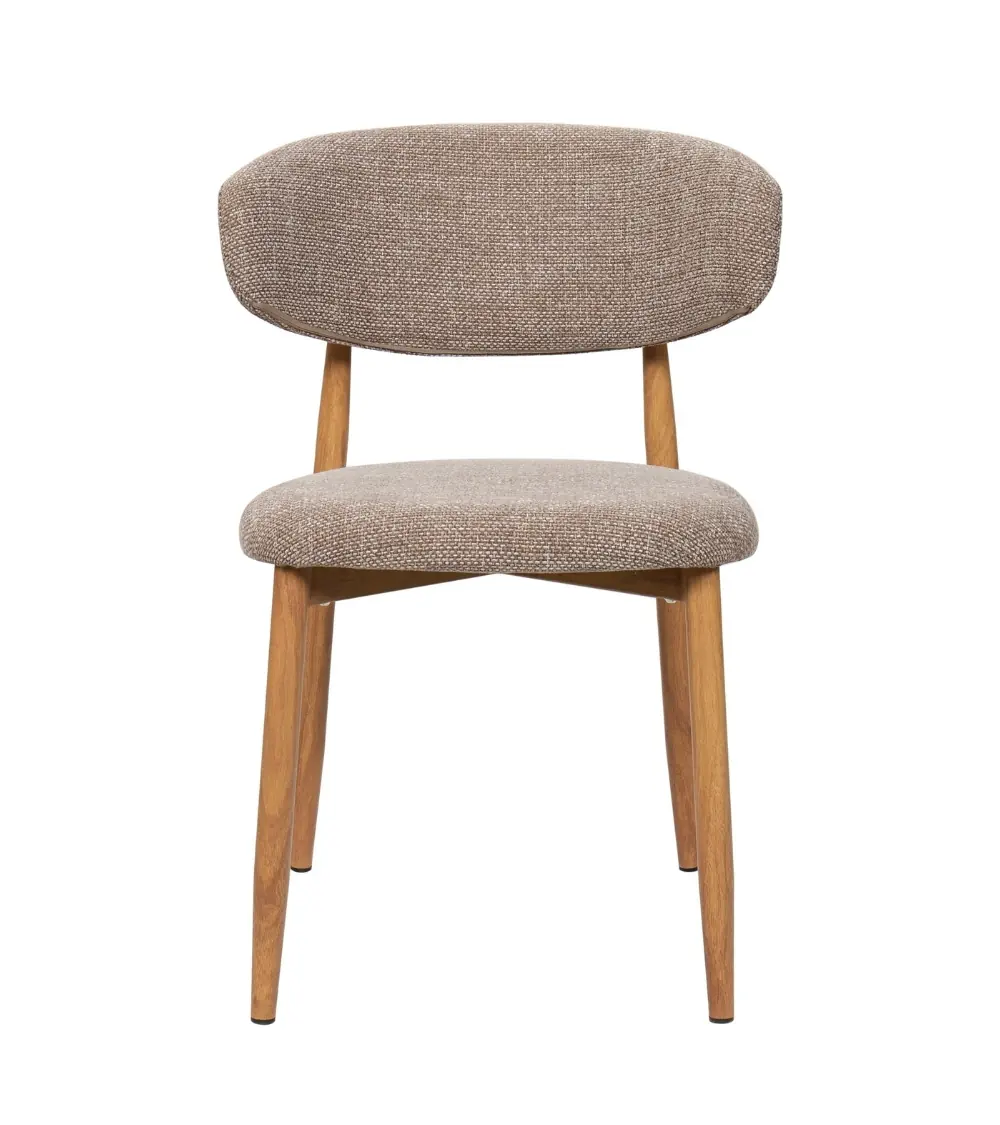 Chaise Georgia en tissu chiné taupe, pieds effet bois clair, vue de face, dossier en bandeau plus large que l'assise