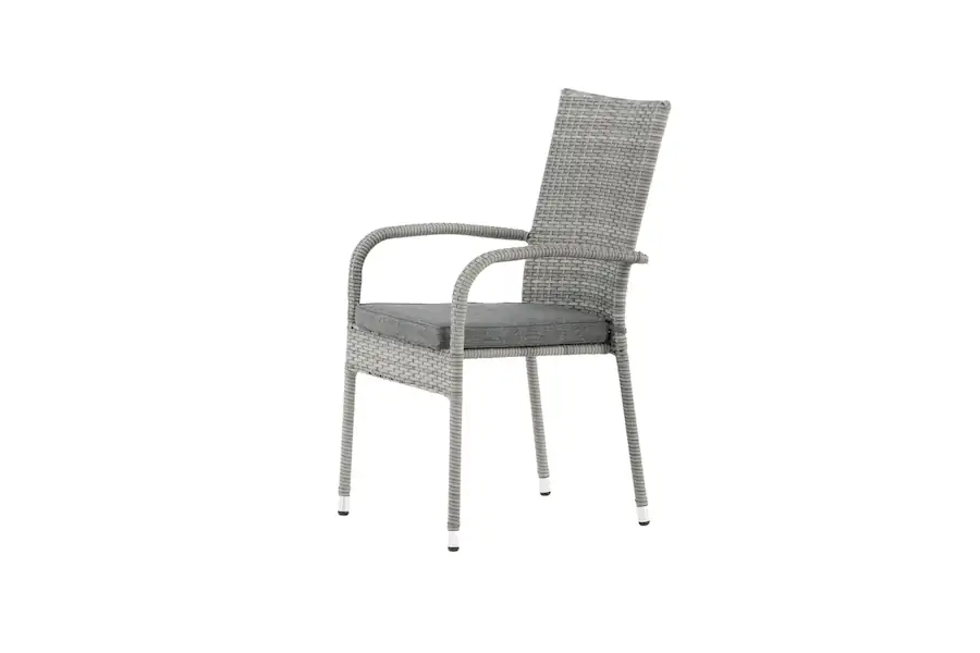 Anna grise de trois quarts : dossier haut tressé, accoudoirs et coussin d'assise