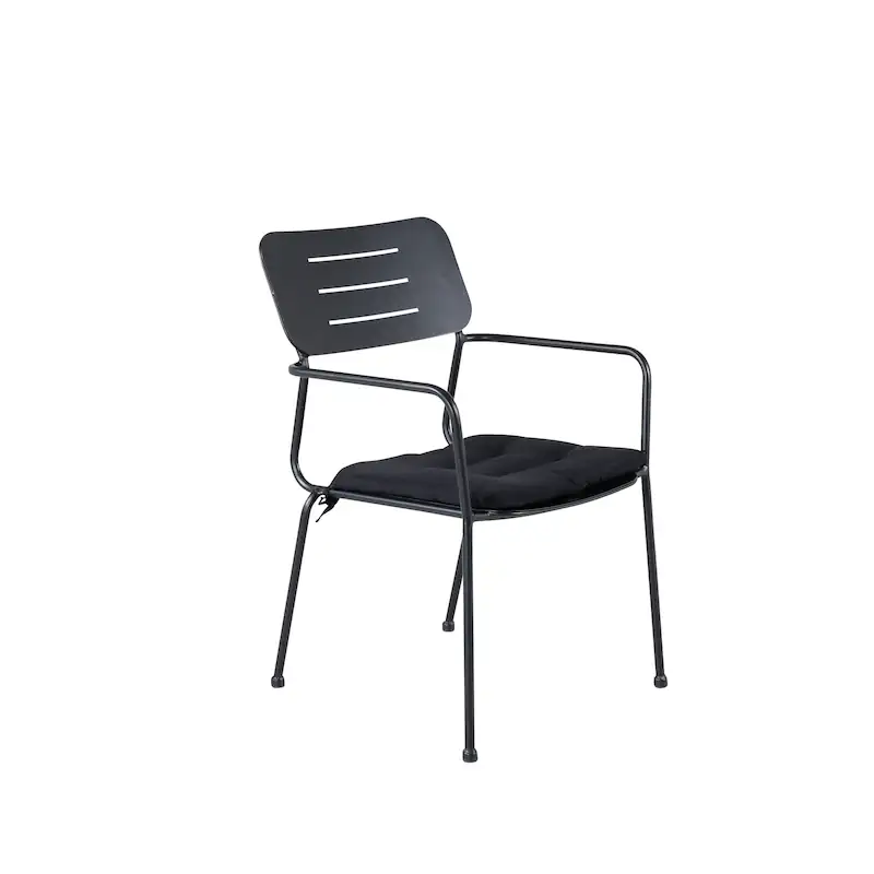 Chaise Nicke anthracite en trois quarts, coussin d'assise noir sur l'assise en métal