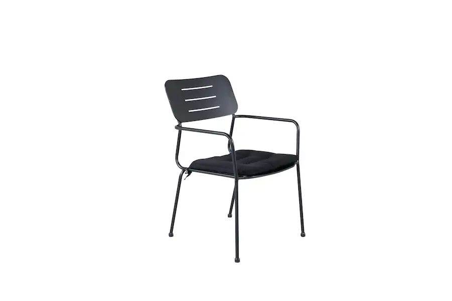 Chaise Nicke anthracite en trois quarts, coussin d'assise noir sur l'assise en métal