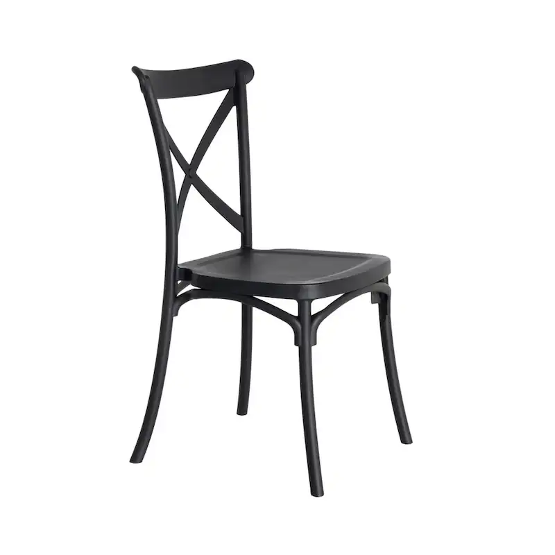 Chaise de jardin empilable anthracite Ixia en trois quarts avant, sur fond blanc