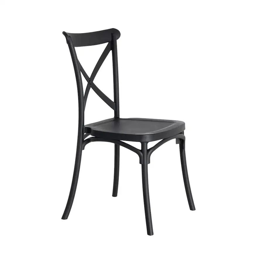 Chaise de jardin empilable anthracite Ixia en trois quarts avant, sur fond blanc