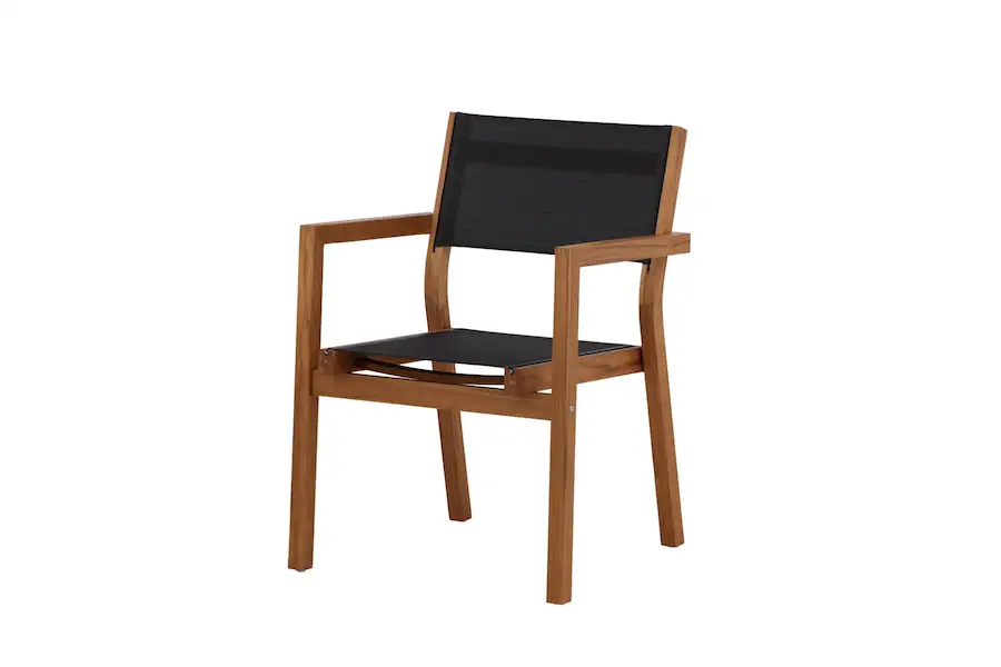 Chaise de jardin Venice de trois quarts, cadre en acacia et assise en Textilène noir tendu
