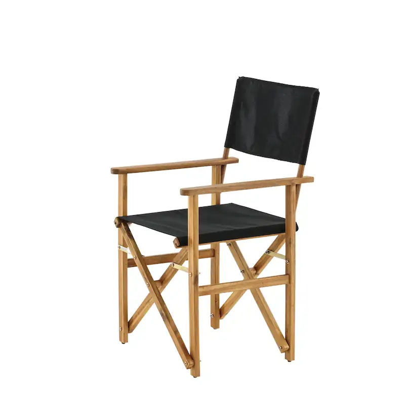Chaise de jardin en acacia Marion, accoudoirs plats et assise en tissu noir, vue en trois quarts