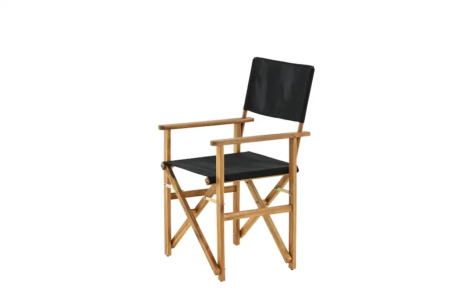 Chaise de jardin en acacia Marion, accoudoirs plats et assise en tissu noir, vue en trois quarts