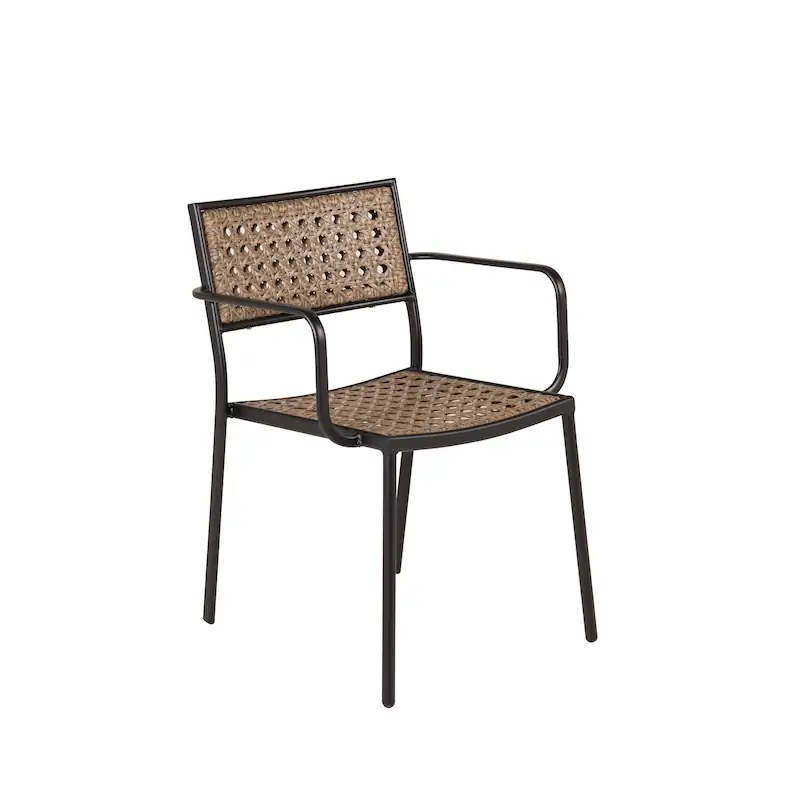 Chaise de jardin à accoudoirs Paola en acier noir et tressage naturel, vue de trois quarts