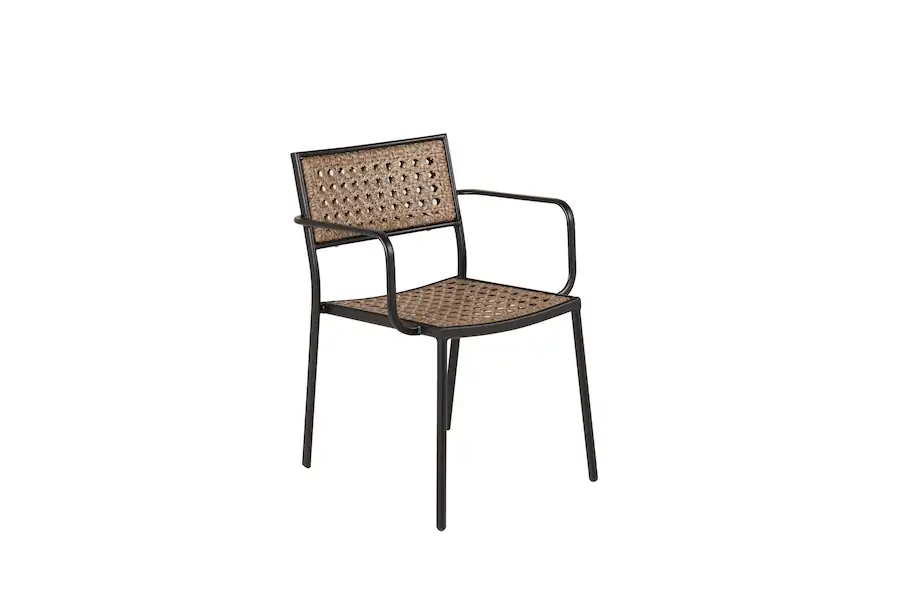 Chaise de jardin à accoudoirs Paola en acier noir et tressage naturel, vue de trois quarts