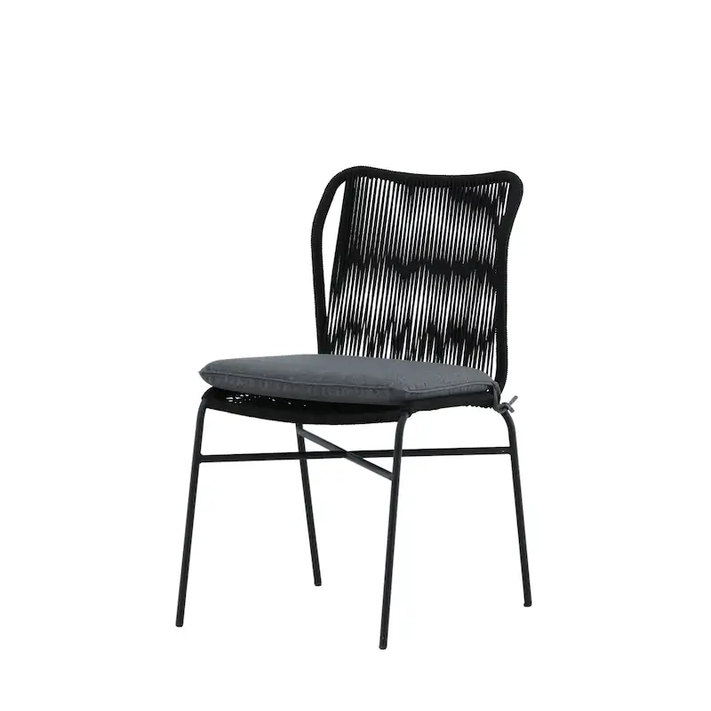 Chaise de jardin en corde noire Julian, trois quarts avant, coussin d'assise gris foncé