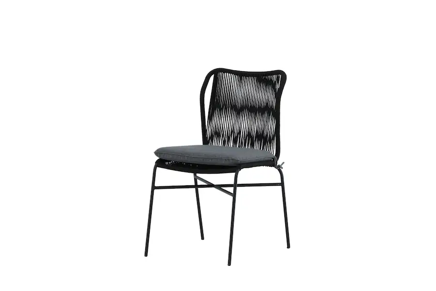 Chaise de jardin en corde noire Julian, trois quarts avant, coussin d'assise gris foncé