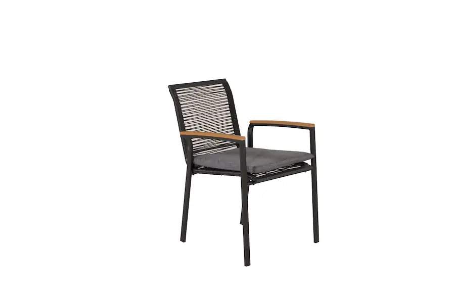 Chaise Dallas de trois quarts avec son coussin gris et ses accoudoirs brun bois