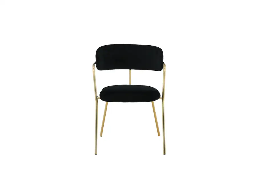 Chaise velours noir à accoudoirs Venture Home vue de face, assise rembourrée et pieds fins en métal doré