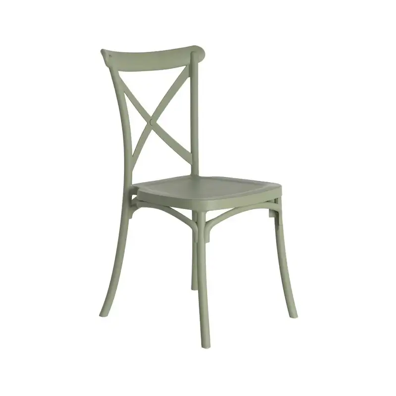 Chaise de jardin empilable vert sauge Ixia en trois quarts avant, sur fond blanc