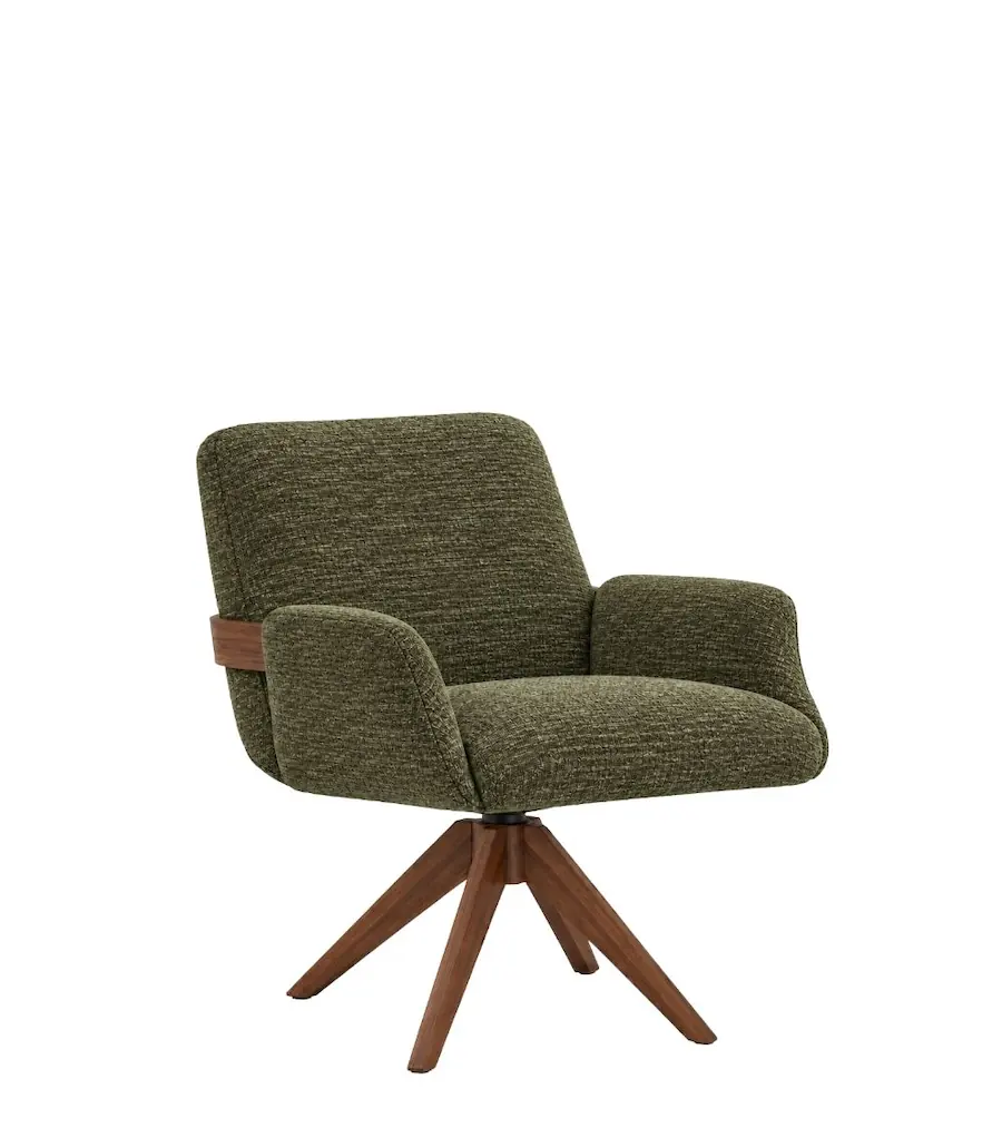 Fauteuil de table Marceau d'Athezza en tissu chiné, accoudoirs arrondis et piètement à quatre branches