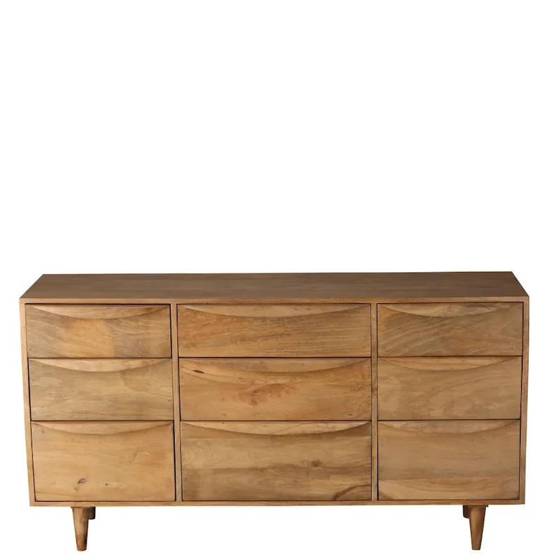 Commode Barjac Athezza en manguier de face, neuf tiroirs sur trois colonnes
