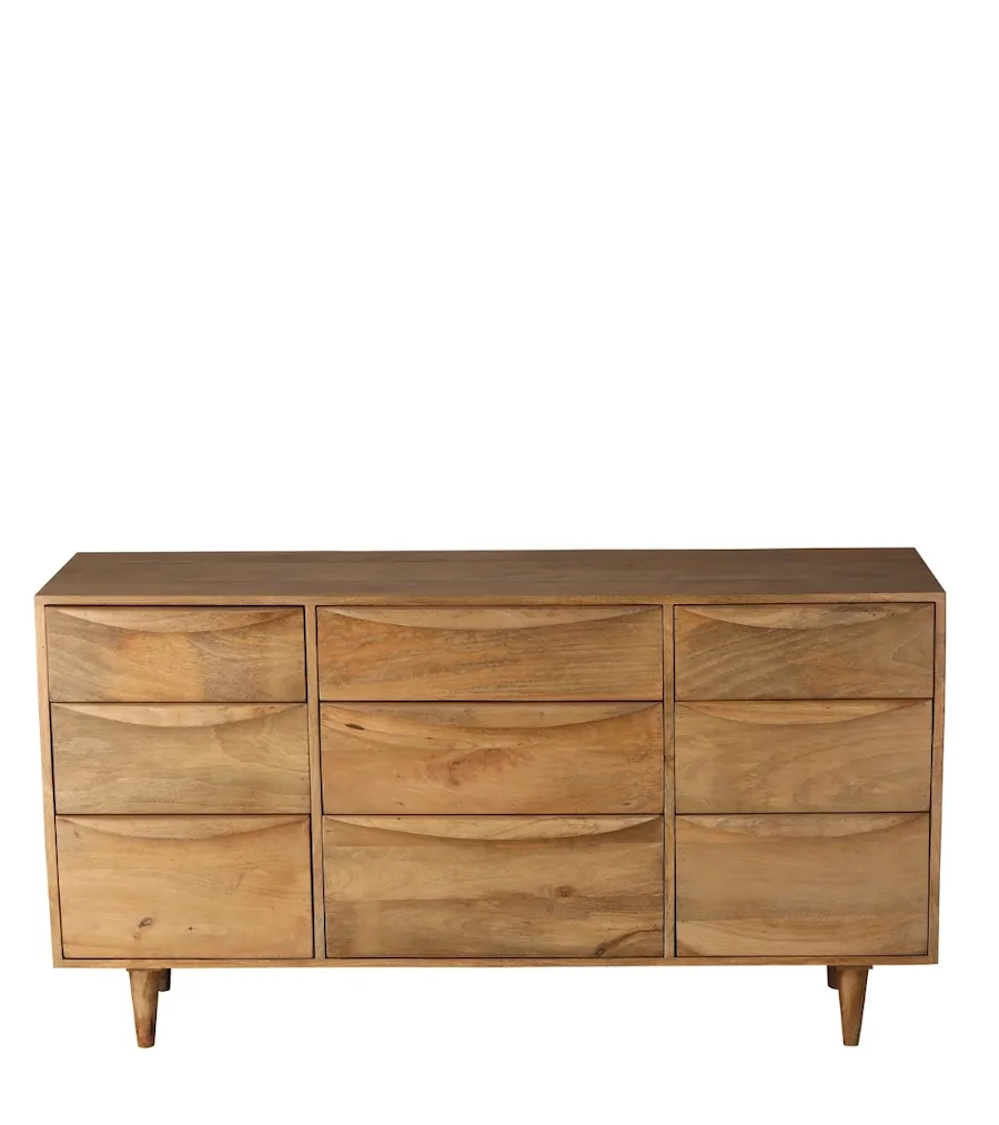 Commode Barjac Athezza en manguier de face, neuf tiroirs sur trois colonnes
