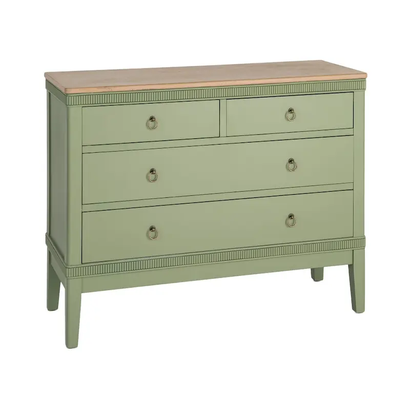 Commode verte à 4 tiroirs, plateau bois clair 115 cm