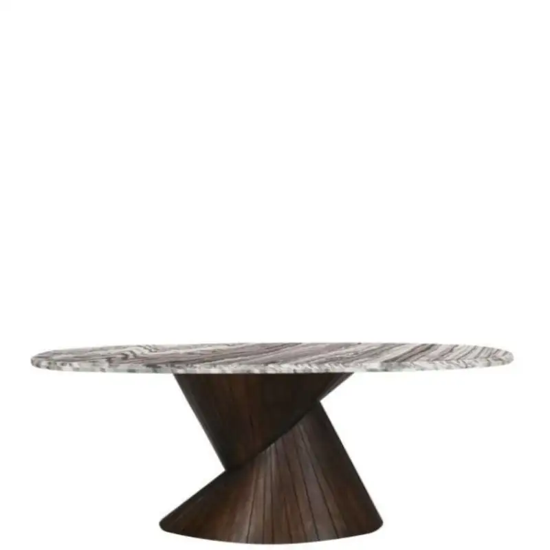 Console Cassandre, plateau ovale en marbre veiné sur pied central en bois