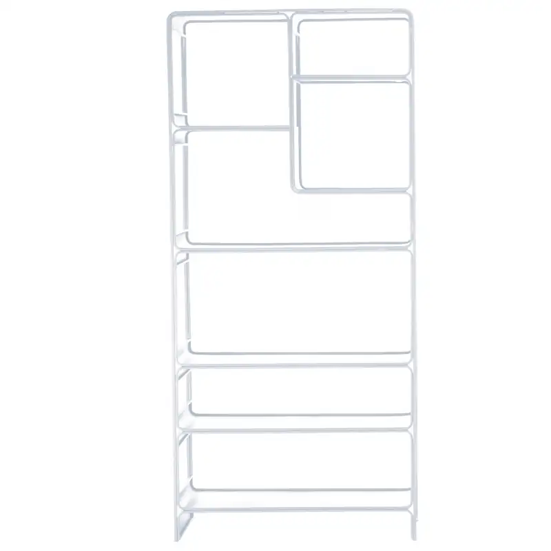 Étagère Dallas en métal blanc vue de face, cases asymétriques en haut et tablettes cintrées